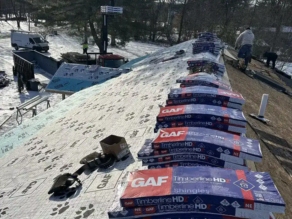 GAF Timberline HD shingle bundles staged on a roof in East Fishkill, NY